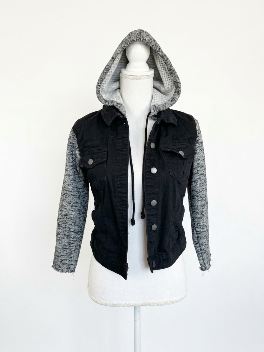 Tinsel Town Black Denim Hybrid Jacket with Knit Sleeves & Hood Medium